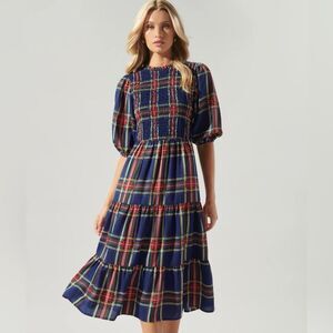 Sugar-lips Lakeview Navy Plaid Puff Sleeve Smocked Tiered Midi Dress M